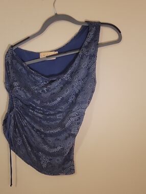 #53 Blue Lace One Shoulder Ruched  Top